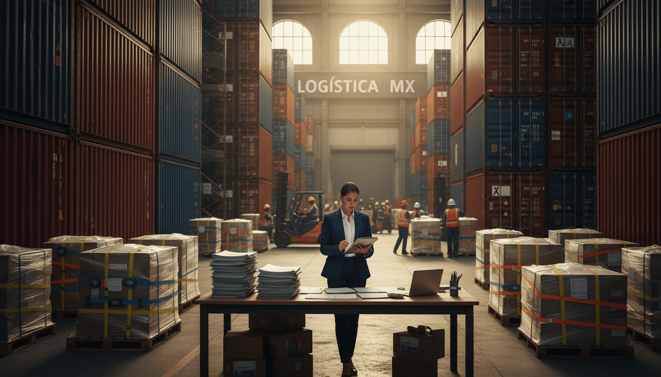 Centro de logística de Logistica FC en la Ciudad de México con coordinador revisando documentación de envíos