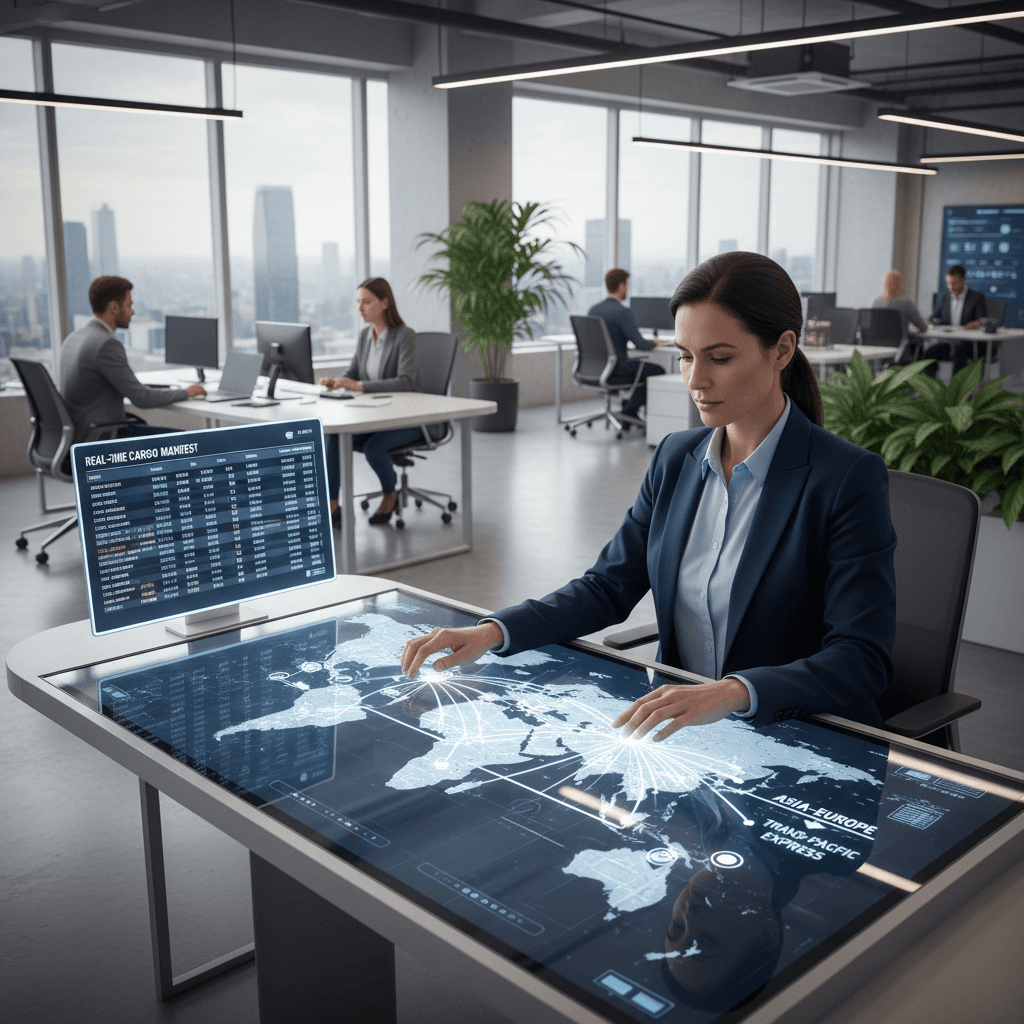 Coordinador de logística gestionando rutas de envío en mapa digital
