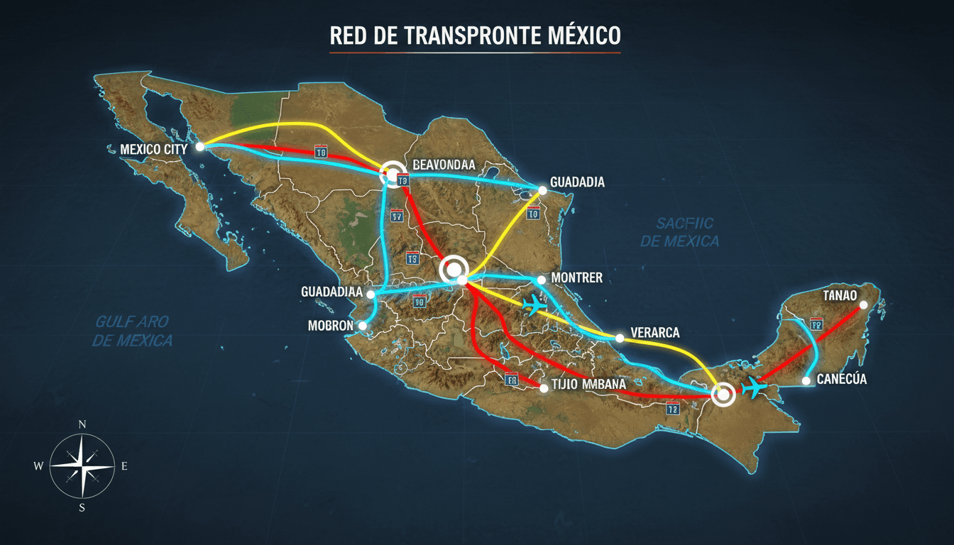 Mapa de México con rutas de transporte destacadas en colores brillantes